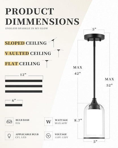 LIROUVET 2 Pack Pendant Lights Kitchen Island, Dual Glass Pendant Lights, Black Hanging Lamp with Clear and Milk Glass, Industrial Pendant Light Fixtures for Dining Room PL02BK-2PK