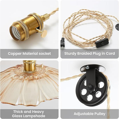 Plug in Glass Pendant Lights Kitchen Island Brass Glod Vintage Hanging Light Fixture Flower Light for Bedroom Kitchen Hallway Corded On/Off Switch Bathroom Amber Sunflower