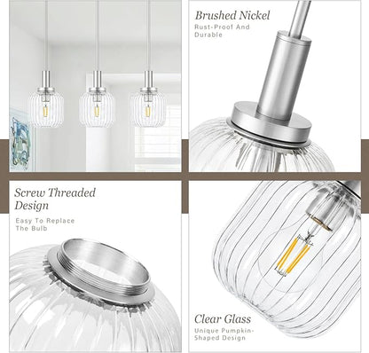 Brushed Nickel Pendant Lights Kitchen Island 2 Pack, 5.9" Modern Glass Pendant Light with Clear Glass and Rods, Mini Hanging Lighting for Kitchen Sink Bathroom Bedroom, OS-YQ7749-2PBN