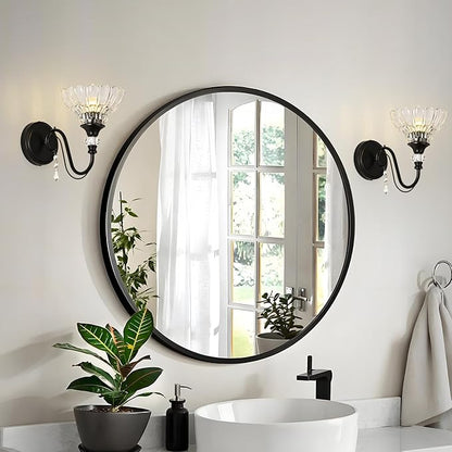 1 Piece Black Wall Sconce, 1-Light Black Farmhouse Wall Sconce with Hanging Crystal Accents and Flower-Shaped Clear Shades for Bathroom Bedroom Living Room,Vintage Vanity Light