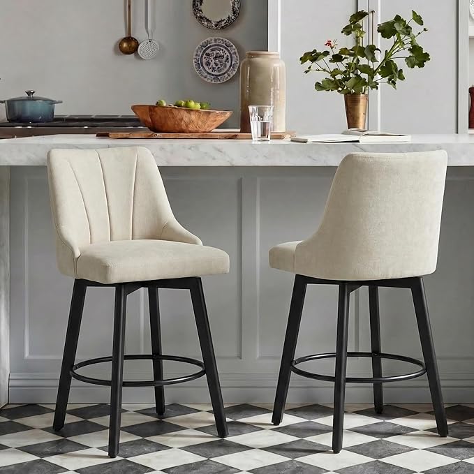 24" Counter Height Bar Stools Set of 2, Swivel Bar Stools with Backs, Fabric Upholstered Counter Barstools with Solid Wood Legs for Kitchen Island,Sand
