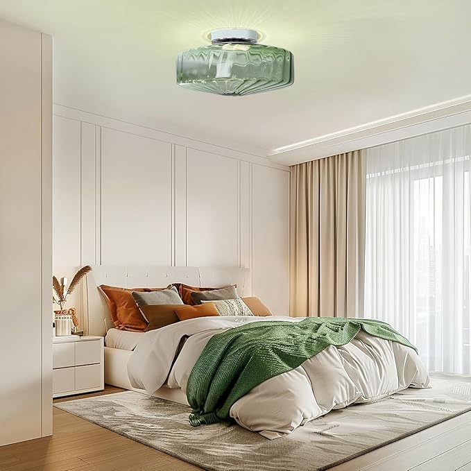 Bofea-Modern Green Ceiling Light Fixture Vintage Glass Flush Mount Ceiling Light Farmhouse Semi Flush Mount Lights Fixtures with Drum Glass Shade,Green Flush Lamp for Hallway Bedroom Foyer Bathroom
