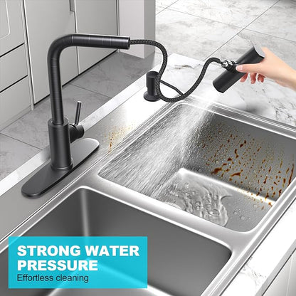 AVSIILE Kitchen Faucets with Pull Down Sprayer & Soap Dispenser, Single Hole & Handle, Oil Rubbed Bronze, Pull Out Tap, Stainless Steel Waterfall Sink Faucet Suitable for Farmhouse Camper Laundry Rv