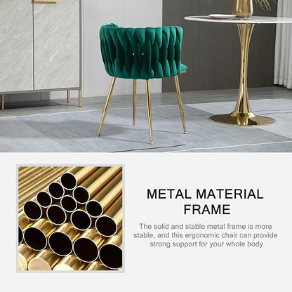 Nrizc Woven Dining Chairs Set of 6, Velvet Upholstered Dining Chairs with Gold Metal Legs, Modern Accent Chairs for Living Room, Dining Room, Kitchen (Green)