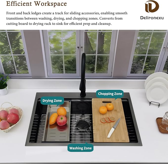33x22 Black Drop In Kitchen Sink, Delironexu 16 Gauge 304 PVD Black Stainless Steel Single Bowl Top Mount Kitchen Sink, 33 Inch Black Kitchen Sink Workstation with 6 Accessories