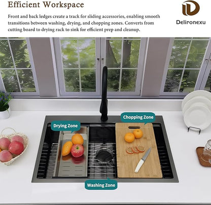 33x22 Black Drop In Kitchen Sink, Delironexu 16 Gauge 304 PVD Black Stainless Steel Single Bowl Top Mount Kitchen Sink, 33 Inch Black Kitchen Sink Workstation with 6 Accessories