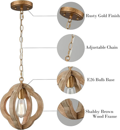 SAMTEEN Farmhouse Wood Pendant Lights Kitchen Island, Vintage Wooden Pendant Lighting Rustic 1-Light Wood Hanging Ceiling Light Fixture for Hallway Bedroom Entrance, Adjustable Chain