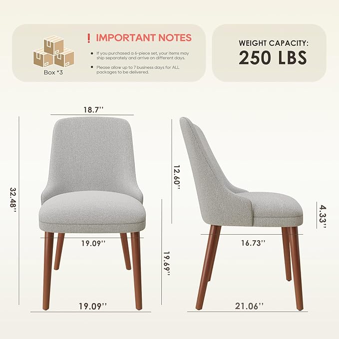 MALOL Dining Chairs Set of 6, Upholstered Dining Room Chair with Wood Legs, High-Back Padded Kitchen Chairs for Dining Room/Restaurant/Cafe, Light Grey