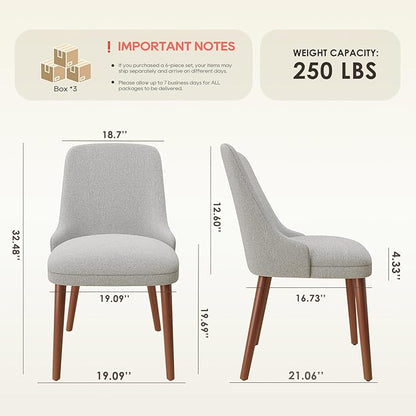 MALOL Dining Chairs Set of 6, Upholstered Dining Room Chair with Wood Legs, High-Back Padded Kitchen Chairs for Dining Room/Restaurant/Cafe, Light Grey