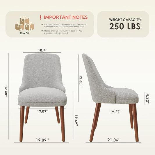 MALOL Dining Chairs Set of 6, Upholstered Dining Room Chair with Wood Legs, High-Back Padded Kitchen Chairs for Dining Room/Restaurant/Cafe, Light Grey