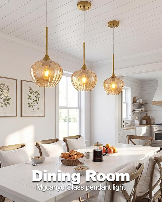 Amber Glass Pendant Lights Kitchen Island, 7" Vintage Adjustable Pendant Lighting Gold Hanging Light Fixtures for Kitchen, Dining Room, Sink, Bathroom