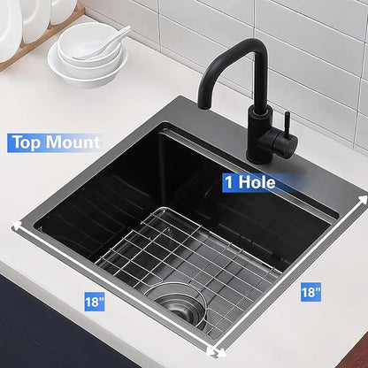 18"x18" Black Drop in Bar Sink, Top Mount Small Stainless Steel Wet Prep Kitchen RV Bar Outdoor Sink, Topmount Single Bowl Workstation with Cutting Board,Stainless Steel Grid & Strainer