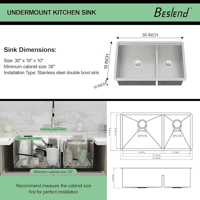 30 Undermount Kitchen Sink - 30x19 Double Bowl Kitchen Sinks Workstation 16 Gauge Stainless Steel Sink Low Divide Double Basin 60/40