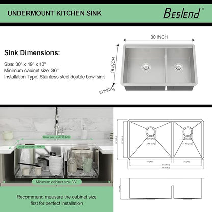 30 Undermount Kitchen Sink - 30x19 Double Bowl Kitchen Sinks Workstation 16 Gauge Stainless Steel Sink Low Divide Double Basin 60/40