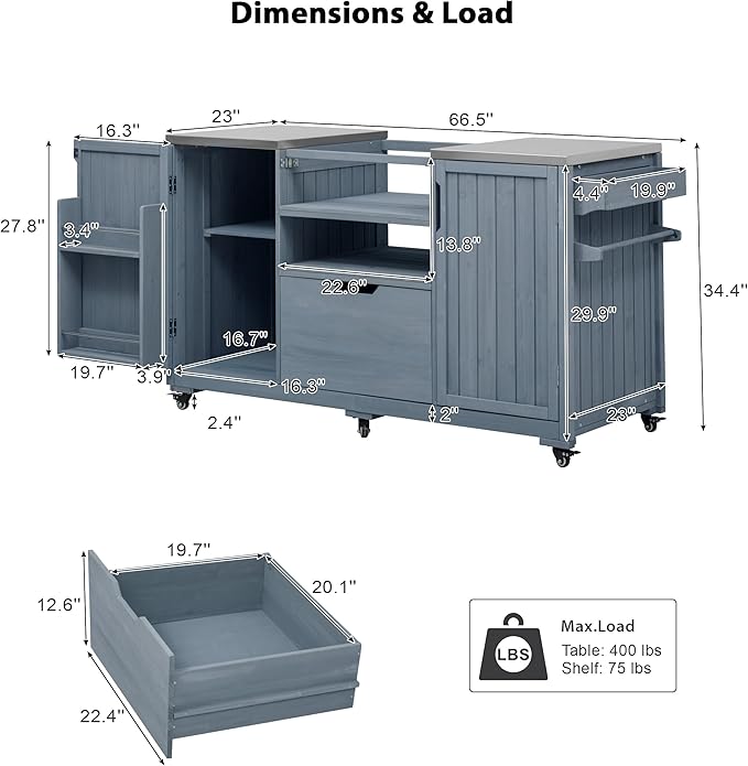 YOPTO Versatile 66.5" Outdoor Grill Cart for Big Green Egg,100% Fir Wood,Stainless Steel Top,Ample Storage,Weatherproof,6 Lockable Wheels,Grey Blue