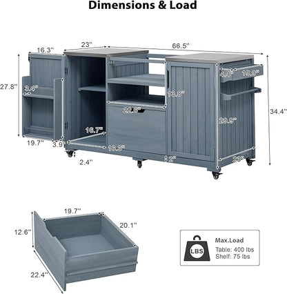 YOPTO Versatile 66.5" Outdoor Grill Cart for Big Green Egg,100% Fir Wood,Stainless Steel Top,Ample Storage,Weatherproof,6 Lockable Wheels,Grey Blue
