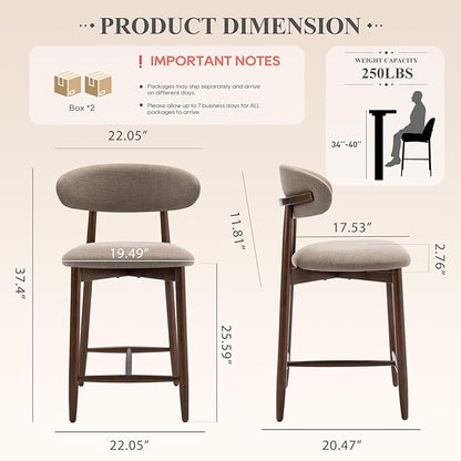 Upholstered Counter Height Bar Stools Set of 4, Kitchen Island Stools with Back, Modern Counter Stools Island Bar Chairs with Wood Legs for Kitchen Island Dining Room Bar, Camel