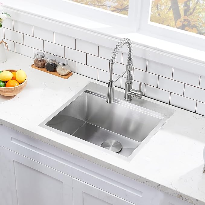 HOTIS 21 X 20 Inch Drop In Kitchen Sink, Handmade Stainless Steel Kitchen Sink, Large Residential Sinks with 1 Holes, Single Bowl Workstation with Dish Grid & Drain and Cutting Board