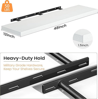 Fun Memories 48 Inch Floating Shelves, 12 Inch Deep Wall Shelves, 48 x 12 Floating Shelf Set of 2, White Rustic Wood Floating Shelf Wall Mounted for Large Kitchen Living Room Bedroom Bathroom Storage