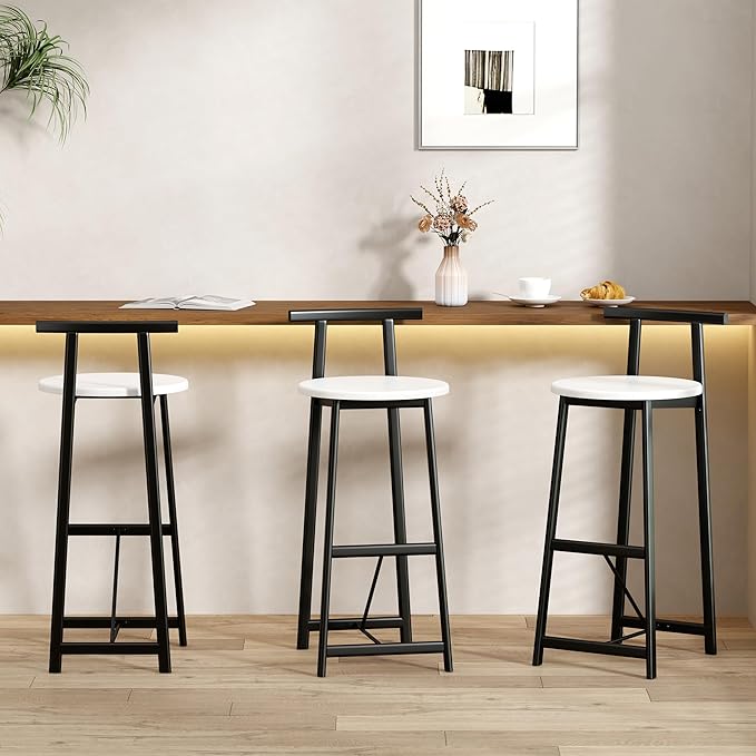 Bar Stools Kitchen Island Bar Chairs Set of 3 Metal Counter Bar stools with Backrest for Dining Pub Room (Black White)