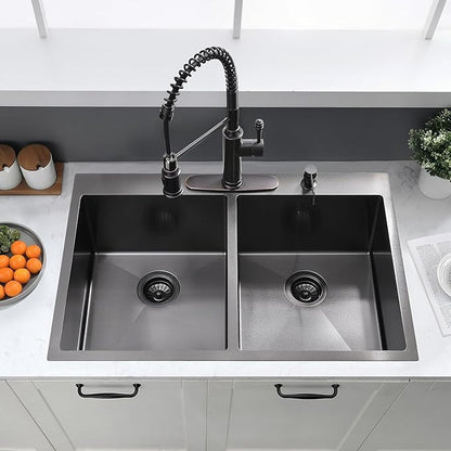 33x22 Inch Black Double Bowl Kitchen Sink Drop In - 16 Gauge Stainless Steel 50/50 Split, Top Mount Drop In Kitchen Sink Double Bowl