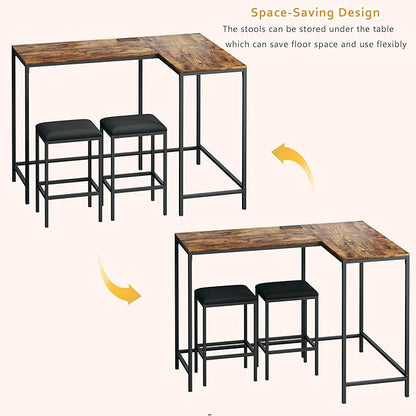 L Shaped Bar Table with Stools, 63‘’ Bar Height Table with Power Outlets, Convertible Corner Counter Height Bar Table with 2 Stools, Rectangular High Top Table for Small Spaces, Breakfast Nook, Rustic