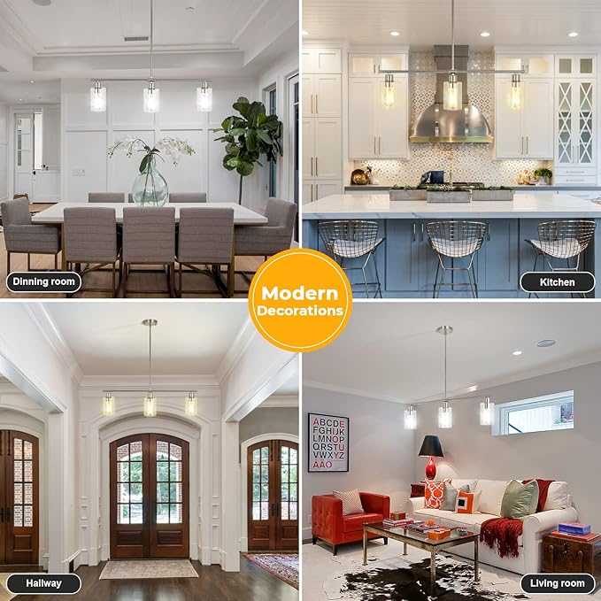 3-Light Modern Chandeliers, Brushed Nickel Kitchen Island Lighting Clear Glass Pendant Lighting Adjustable Height Linear Ceiling Hanging Light Fixture Pendant Light Dining Room Farmhouse