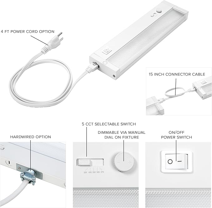 Maxxima 12 in. LED Under Cabinet Lighting, Dimmable, Linkable, Hardwired or Plug & Play, 500 Lumens, 5 CCT 2700K/3000K/3500K/4000K/5000K, Kitchen Install, On/Off Switch, White