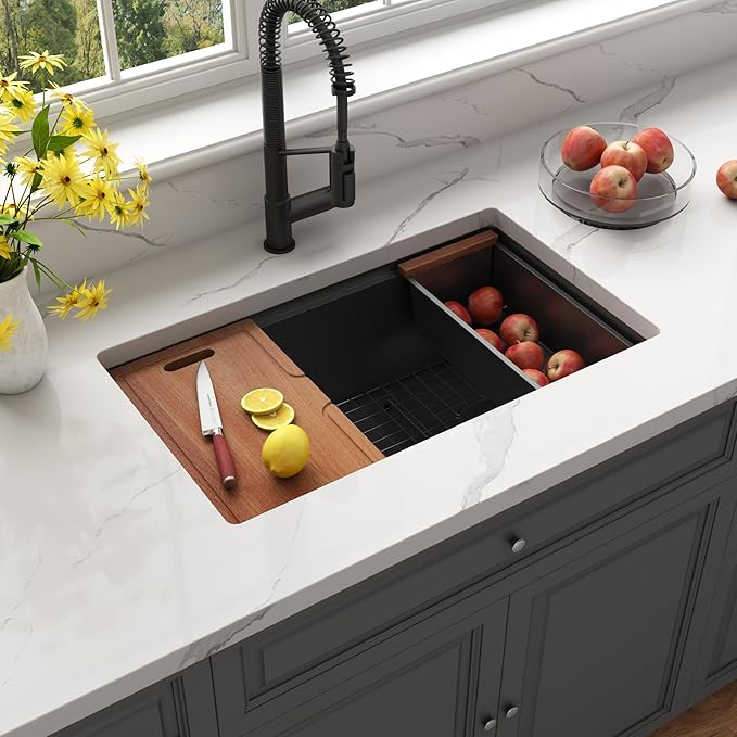 Kitsitchen Black Undermount Kitchen Sink 28-Inch, 16 Gauge Stainless Steel Workstation Kitchen Sink with Accessories,Single Bowl Handmade Kitchen Sinks,Round Corner & Offset Drain Design(28" X 18")
