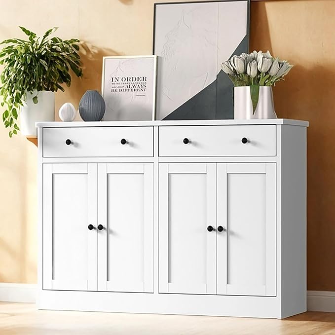holzart 49" White Buffet Cabinet with Doors & Drawers, Modern Kitchen Storage Sideboard, Coffee Bar Console Table for Dining Room, Living Room, Entryway