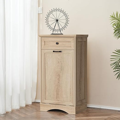13 Gallons Tilt Out Trash Cabinet Freestanding Kitchen Trash Bin Cabinet Wood Garbage Recycling Cabinet with Hideaway Drawer Pet Proof Trash Can Holder for Kitchen Living Room, Natural
