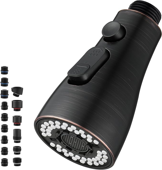 Metal Kitchen Faucet Head Replacement - with 15 Adapters, Pull Down Spray Head for Kitchen Faucet, 3 Function Sprayer Nozzle Stainless Steel, Oil Rubbed Bronze