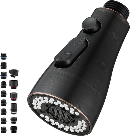 Metal Kitchen Faucet Head Replacement - with 15 Adapters, Pull Down Spray Head for Kitchen Faucet, 3 Function Sprayer Nozzle Stainless Steel, Oil Rubbed Bronze