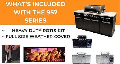 Mont Alpi Premium 70"W x 24"D Stainless Steel Compact Outdoor Kitchen Island with Refrigerator + 32"W 4-Burner BBQ Grill with Infrared Rotisserie Burner + Storage Cabinets + White Granite Countertops