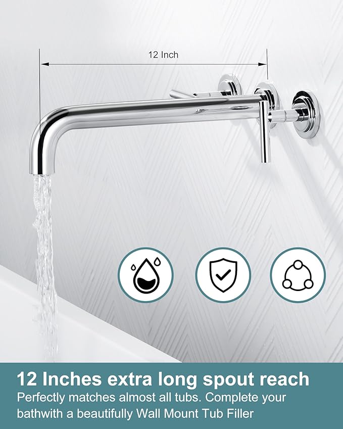 Wall Mount Tub Filler: WOWOW Chrome Bathtub Faucet Long Spout Reach, Bath Tub Filler Faucet 2 Handle Wall Mounted Bathtub Faucets with Brass Rough in Valve Included Wall Mounted Tub Faucet