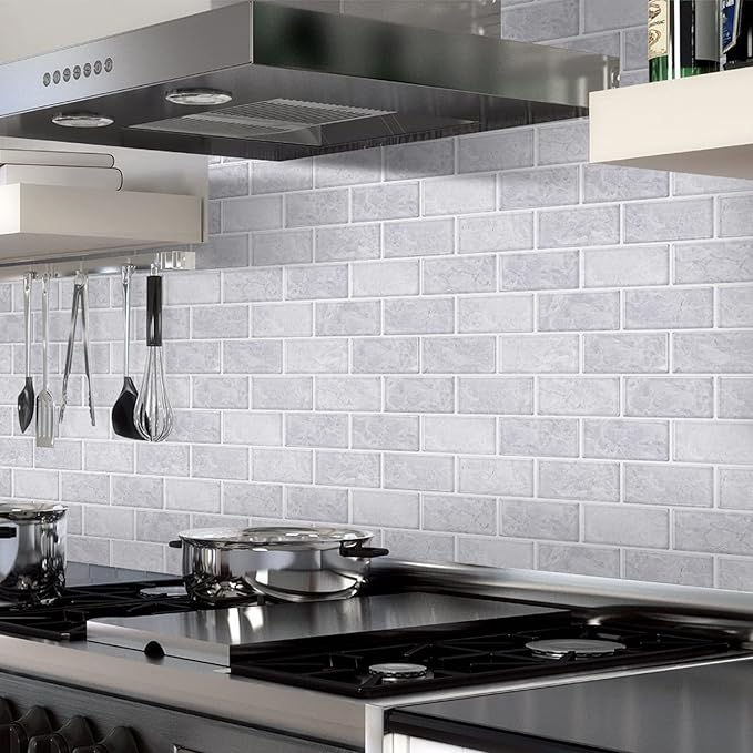 STICKGOO 10-Sheet Subway Tiles Peel and Stick Backsplash, Cinderella Grey Marble Look Stick on Tiles Kitchen Backsplash (Thicker Design)