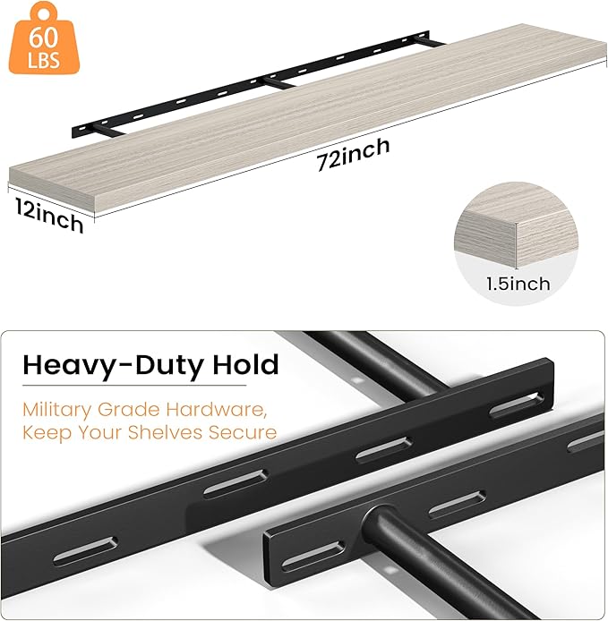 Fun Memories 72 Inch Floating Shelves, 12 Inch Deep Wall Shelf for Fireplace Mantel, Gray Deep Storage Shelves for Home & Office, Long Floating Shelf with Invisible Bracket, Set of 1