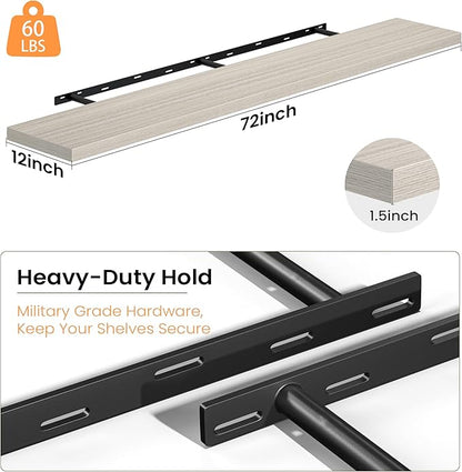 Fun Memories 72 Inch Floating Shelves, 12 Inch Deep Wall Shelf for Fireplace Mantel, Gray Deep Storage Shelves for Home & Office, Long Floating Shelf with Invisible Bracket, Set of 2