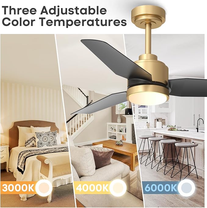 42 Inch Black Ceiling Fans with Lights and Remote/APP, Modern Ceiling Fan for Living Room Outdoor Ceiling Fan 6-Speed Adjustable Reversible DC Motor Timer Noiseless 3CCT Dimmable for Bedroom Office