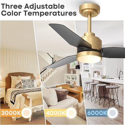 42 Inch Black Ceiling Fans with Lights and Remote/APP, Modern Ceiling Fan for Living Room Outdoor Ceiling Fan 6-Speed Adjustable Reversible DC Motor Timer Noiseless 3CCT Dimmable for Bedroom Office