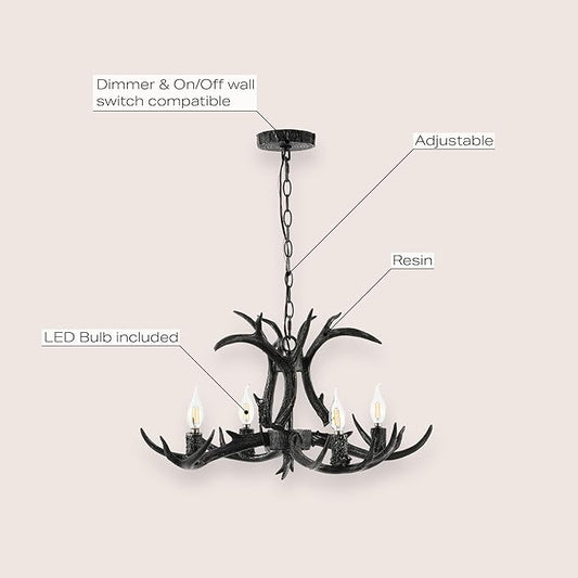 JONATHAN Y 26" Black Rustic Resin Antler 4-Light LED Chandelier, Farmhouse Faux Deer Horn Hanging Ceiling Light for Dining Room, Kitchen Island, Adjustable Light Fixture (JYL6301D)