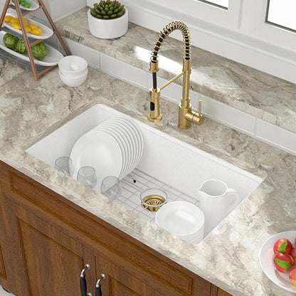 Mocoloo 33 Inch White Granite Composite Kitchen Sink - 33x19 Undermount Ledge Workstation Matte White Quartz Single Bowl Under Counter Kitchen Sinks