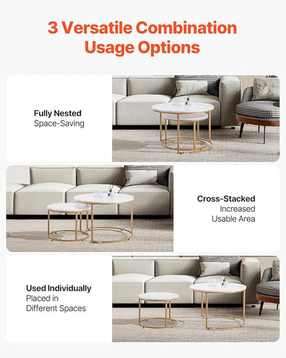 VEVOR Nesting Coffee Table Set of 2, 27.6 in Round Coffee Table, Nesting Tables for Small Place, Vintage End Side Tables Night Stand with Metal Frame, for Living Room, Bedroom, Office (White & Gold)