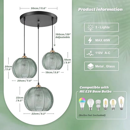 3-Light Cluster Pendant Lighting, Mid Century Modern Chandelier with Hand Blown Green Glass, Adjustable Kitchen Island Hanging Light for Dining Room, Bedroom, Living Room