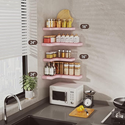 SAUMONIERES Corner Floating Shelves Wall Mount Shelf Solid Wood for Bedroom Bathroom Room Kitchen Storage Set of 3, Pink, Invisible Brackets