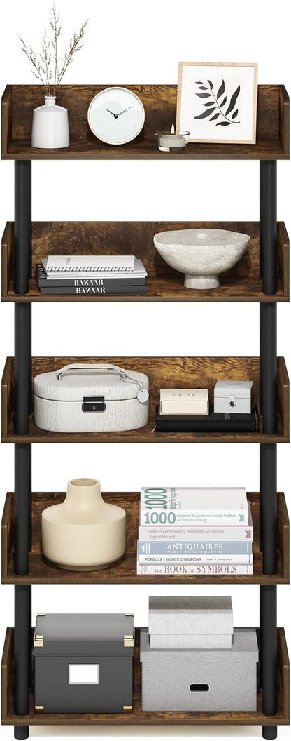 Furinno TURN-N-TUBE 5-Tier Display Shelf, Storage Shelves, Book Shelf, Open Shelves with Rounded Corner Top Edges, for Organization and Storage, Living Room, Home Office, Amber Pine