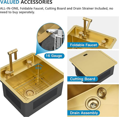18"x18" Undermount RV Kitchen Sink Workstation – 16 Gauge 304 Stainless Steel Brushed Gold NANO-PVD Single Bowl Sink with Foldable Faucet, for RV, Camper, Mobile Home, Wet Bar