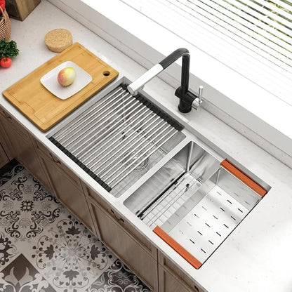 LQS Kitchen Sink Stainless Steel, Undermount Kitchen Sink 32 Inch, 50/50 Double Bowl True 16 Gauge Stainless Steel Handmade with Abundant Accessories, R10 Round Corner and 10” Depth for Large Kitchen
