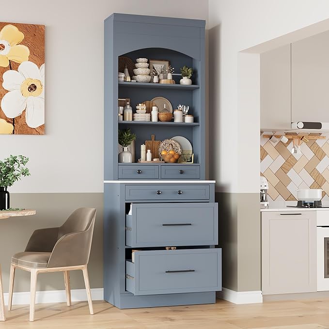 Modern 83.7inch High Kitchen Pantry Freestanding Tall Hutch with Faux Marble Top Display Cupboard with 5 Storage Drawers Practical(Gray)