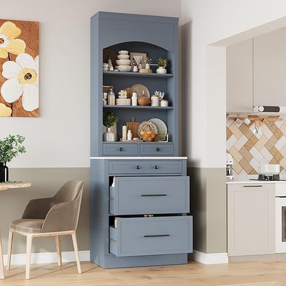 Modern 83.7inch High Kitchen Pantry Freestanding Tall Hutch with Faux Marble Top Display Cupboard with 5 Storage Drawers Practical(Gray)